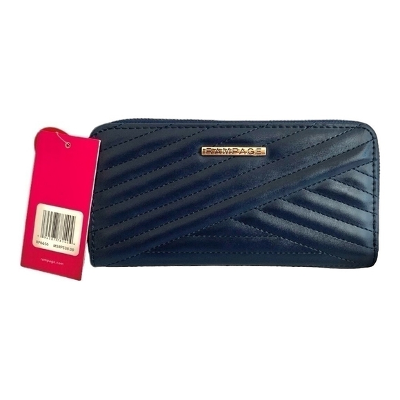 NWT Women Wallet RAMPAGE Navy Blue Gold Logo Quilted Leather Accordion Wallet - Picture 2 of 8